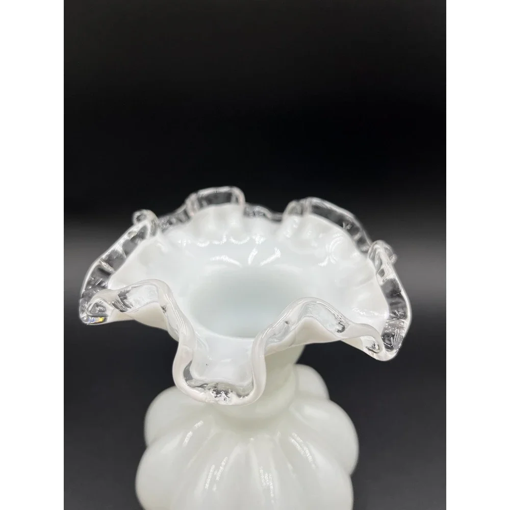 Fenton Silver Crest Milk Glass Melon Vase: Crimped Edge Flower Vase